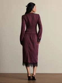 COSMINA Women's V-Neck Striped Long Sleeve Jacket And Skirt Casual Suit Set - Burgundy - View 2