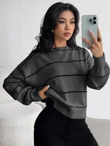 SHEIN 青少年女孩寬鬆休閒極簡舒適條紋套頭毛衣，百搭厚實保暖針織衫，適合秋冬 - 深灰色 - 查看 1