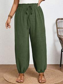 SHEIN Frenchy 夏季度假女款熱帶印花前打結高腰長褲 秋季 - Fresh Green - 查看 3