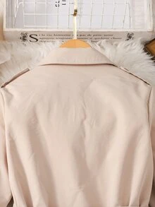 SHEIN 女童 8-12 歲保暖內裡中長款風衣，卡其色雙排扣收腰外套，休閒簡約日常穿著，適合外出與上學 - 卡其色 - 查看 5