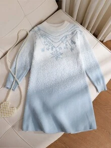 SHEIN 女童新款秋冬藍色圓領優雅寬鬆提花針織保暖毛絨質感毛衣洋裝，時尚甜美獨特設計，適合外出、派對、開學與假期穿搭 - 淺藍色 - 查看 1