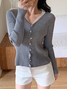 DAZY Women's Exquisite Style Pearl Button Lace Trim Fitted Sweater - Grey - View 7