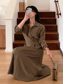 DAZY Women's Casual Solid Color Waist-Cinching Mid-Length Dress, Autumn - Brown - View 2