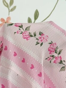 CottageSlumber طقم بيجامة نسائي بأكمام طويلة مع ياقة طية، أزرار أمامية، طباعة زهور رومانسية مجعدة ومنتفخة مع حافة مكشكشة - وردي - مشاهدة 8