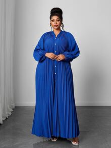 Maweii Plus Size Women's High-Quality Pleated Long Dress, Loose Fit Flattering All Body Types, Suitable For Commuting And Parties Fall - Royal Blue - View 5