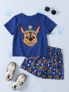 SHEIN | PAW Patrol Young Boy Round Neck Short Sleeve T-Shirt And Shorts Set - Blue - View 3