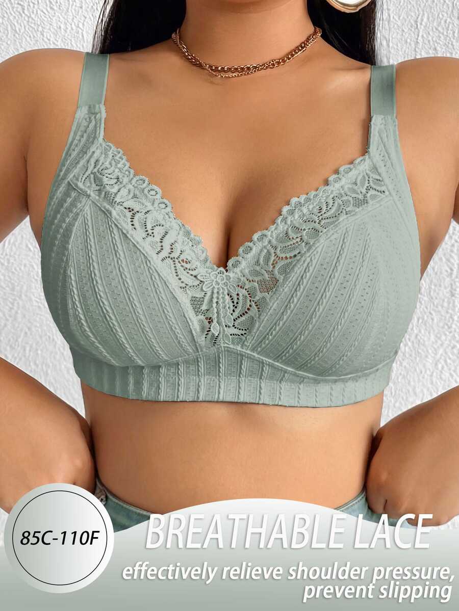 SHEIN Plus Size Lace Patchwork Wire-Free Bra, 1pc - Army Green - View 1