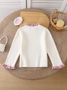 SHEIN Young Girl Sweet Embroidery Ruffle Trim Sweater Autumn Winter - Beige - View 2