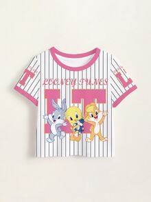LOONEY TUNES X SHEIN Baby Girl Striped Cartoon Print Round Neck Short Sleeve Top - White - View 7