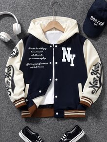 SHEIN Boys' Autumn/Winter Fleece Hooded Letter Print Jacket, Campus Jacket, Sports Jacket - Navy Blue - View 3
