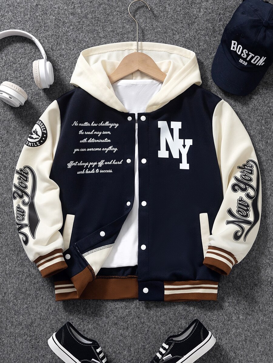 SHEIN Boys' Autumn/Winter Fleece Hooded Letter Print Jacket, Campus Jacket, Sports Jacket - Navy Blue - View 1