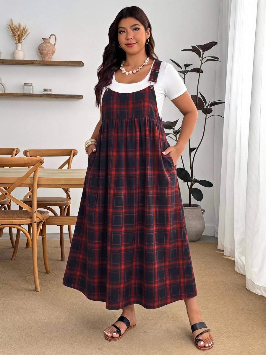 Enliva Plus Size Women's Plaid Pocket Casual Pinafore Dress - Burgundy - View 1