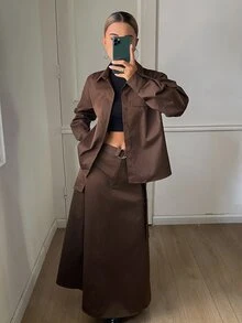 DAZY طقم نسائي للخريف بأسلوب التنقل اليومي، جاكيت فضفاض كاجوال بياقة & بنطلون ساق مستقيمة باللون البني الداكن - قهوة بني - مشاهدة 3
