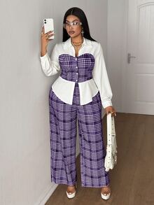 SHEIN CURVE+ Setelan Kemeja & Celana 2 in 1 Kerah Prancis Motif Kotak-kotak Ukuran Besar untuk Wanita, Musim Gugur - MultiWarna - View 5