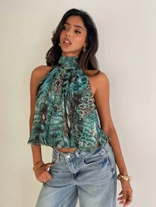Aloruh Boho Sexy Halter Neck Chiffon Leopard Print Women's Top - Multicolor - View 1