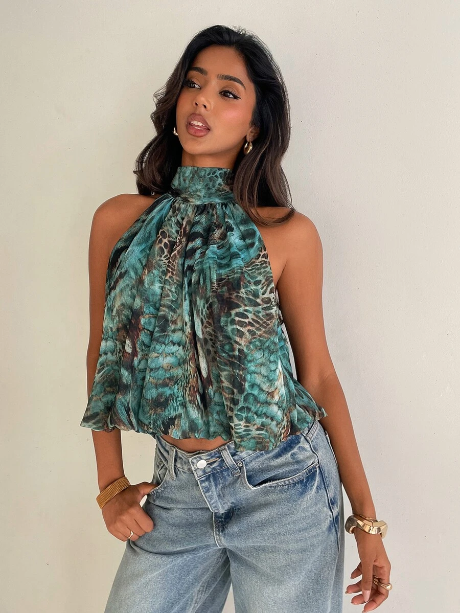 Aloruh Boho Sexy Halter Neck Chiffon Leopard Print Women's Top - Multicolor - View 1