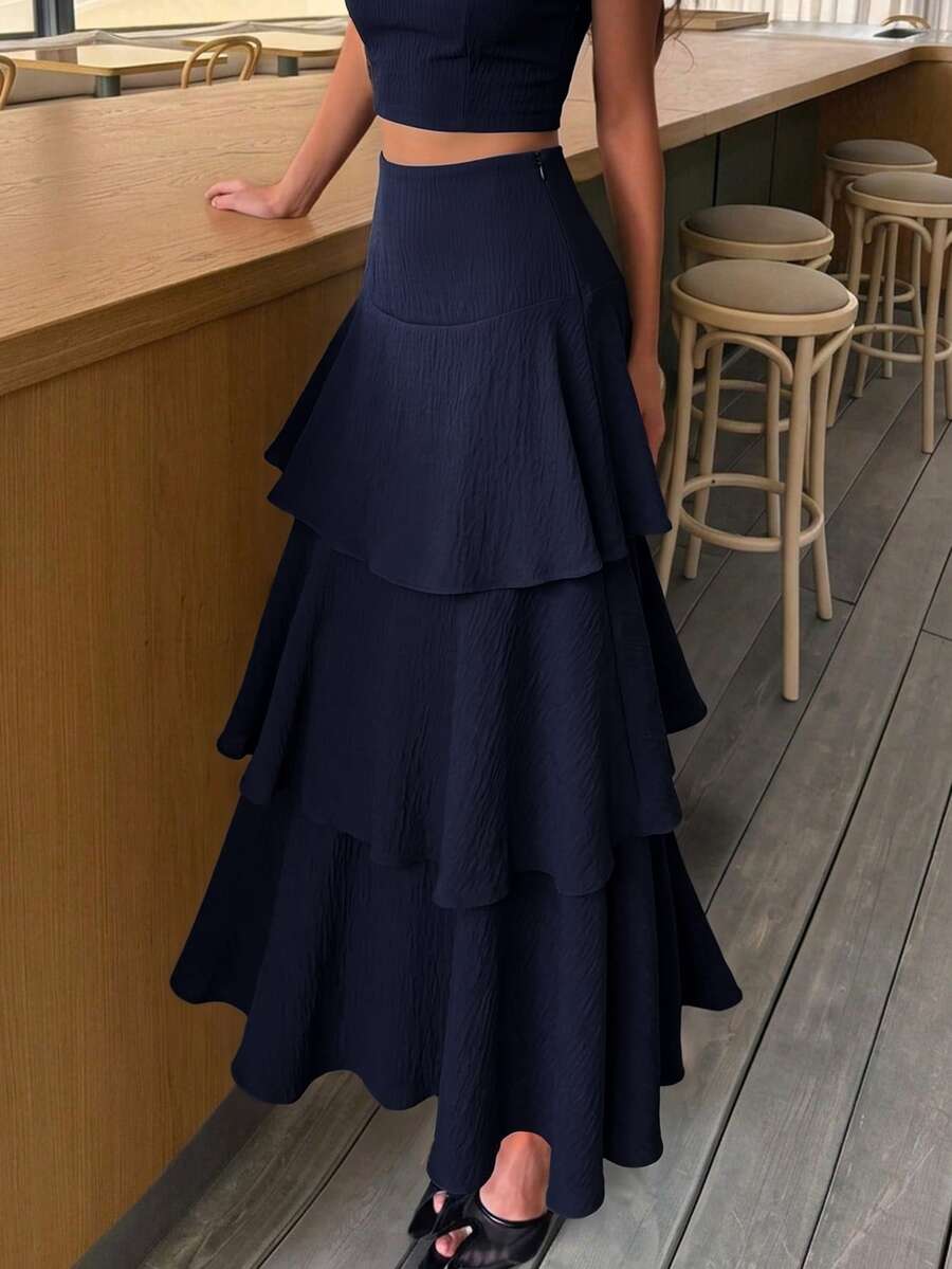 Siren Gaze Women's Navy Blue Polka Dot Exaggerated Layered Ruffle Design Long Skirt Polka Dot Skirt - Navy Blue - View 1