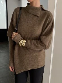 DAZY Women's Asymmetric Folded High Neck Long Sleeve Solid Color Side Slit Hem Loose Casual Commute Coffee Brown Knit Top T-Shirt, Autumn/Winter - Brown - View 3
