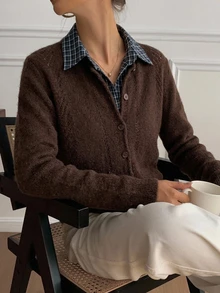 Strévra Women's Casual Plaid Patchwork Cardigan, Autumn/Winter Long Sleeve Tops - Brown - View 5