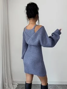 SHEIN Elenzya Women's Solid Color 2 In 1 Patchwork Casual Daily Knit Dress - Dusty Blue - View 2