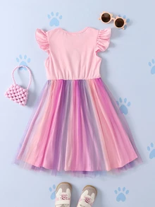 SHEIN | PAW Patrol Young Girl Heart Print Round Neck Flutter Sleeve Dress - Pink - View 2