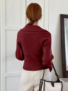 DAZY 女款秋冬酒紅色拉鍊修身短版開襟針織衫，百搭休閒街頭風 - 紅色 - 查看 2