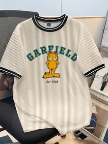 GARFIELD | SHEIN Manfinity Joysei Men's Plus Size Striped Cartoon Print Short Sleeve T-Shirt - Apricot - View 5
