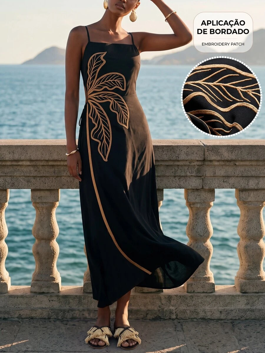CAJUNI Chic Vacation Palm Tree Embroidery Midi Dress - Black - View 1