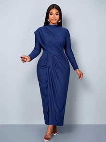 SOLERSUN Plus Size Women's Solid Color Ruched Elegant Waist-Cinching Party Dress - Blue - View 2