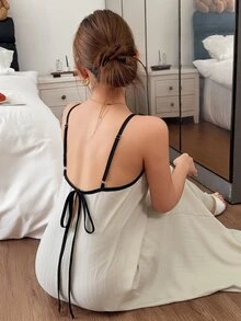 Napfluff Solid Color Casual Loose Contrast Color Spaghetti Strap Women's Loungewear Dress - Apricot - View 3