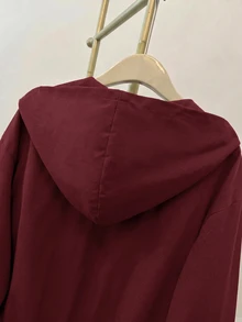 SHEIN 青少年女孩編織純色貼袋短版寬鬆休閒連帽外套，秋冬款，度假風 - 酒紅色 - 查看 7