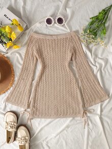 SHEIN Kids Tween Girl Beach Vacation Applique Embroidery Hollow Off-Shoulder Cover-Up Dress For Beach And Cruise - Multicolor - View 2