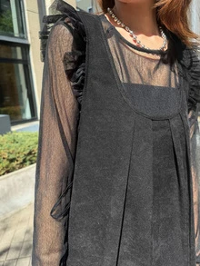 FRIFUL Women's Solid Color Pleated Round Neck Flutter Sleeve Loose Long Dress - Black - View 5