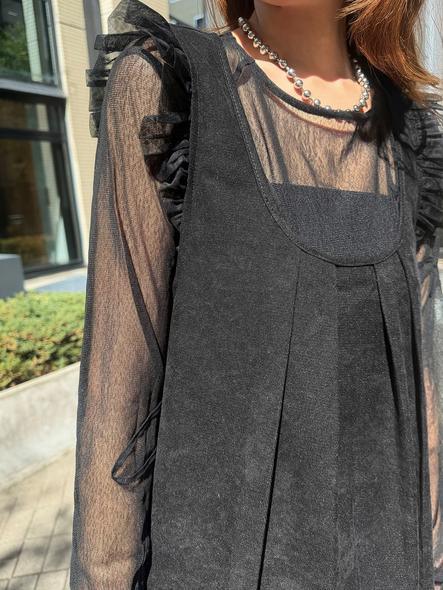 FRIFUL Women's Solid Color Pleated Round Neck Flutter Sleeve Loose Long Dress - Black - View 1