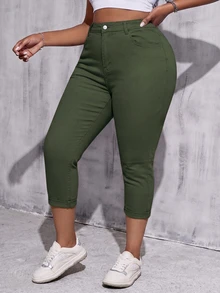 SHEIN Tall CURVE بنطلون جينز كاجوال متعدد الاستخدامات بلون موحد بقصة ضيقة للمقاسات الكبيرة - أخضر عسكري - مشاهدة 4