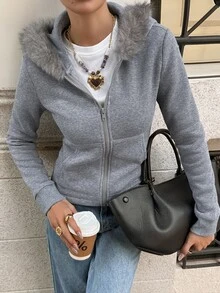 DAZY Jaket Sweatshirt Kasual Lengan Panjang Slim Fit dengan Hiasan Bulu Halus Warna Abu-abu, Serbaguna untuk Musim Gugur/Dingin - Grey - View 1