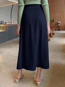 DAZY 女款素色優雅百褶裙，春夏秋季適用 - 藏蓝色 - 查看 2