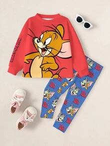 TOM & JERRY X SHEIN 少女卡通圖案印花長袖衛衣與內搭褲套裝 - 白色 - 查看 1