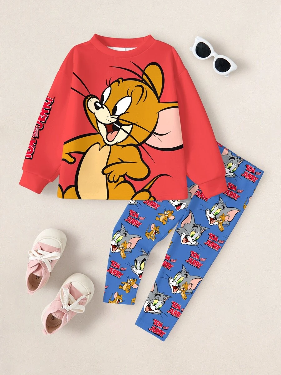 TOM & JERRY X SHEIN 少女卡通圖案印花長袖衛衣與內搭褲套裝 - 白色 - 查看 1