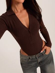 SHEIN BAE New Women's Lapel V-Neck Button Long Sleeve Minimalist Premium Vibe Sweater Jumpsuit - Coffee Brown - View 7