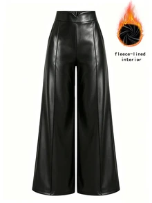 SHEIN LUNE Plus Size Women's Solid Color PU Leather Casual Versatile Daily Wear Long Pants - Black - View 1