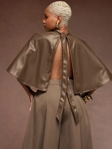 Vixey Women's PU Material Cape Top, Chic Office, Elegant Party Top - Rust Brown - View 2