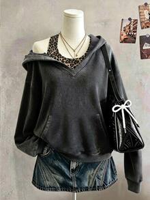 Lalippa Women's 2 Pieces Outfit Set, Dark Gray Leopard Print, Holiday Date Outfit, Women's Hooded Halter Neck Sweatshirt Set - Dark Grey - View 1