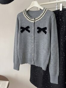 GlowEve CURVE Plus Size Women's Bow Decor Long Sleeve Single-Breasted Knit Cardigan - Apricot - View 1