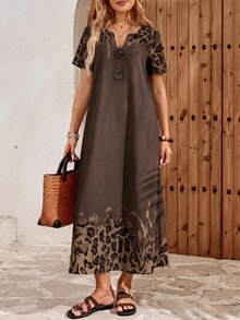 EMERY ROSE Gaun Panjang Kasual Wanita Gaya Boho Motif Leopard untuk Acara Brunch, Motif Leopard Abu-abu, Musim Gugur - Coklat - View 6