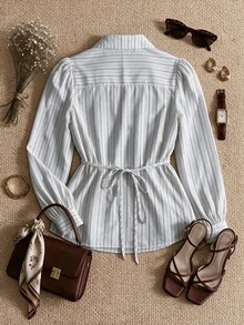 Grovea Plus Size French Style Polo Collar Striped Long Sleeve Cinched Cinched Waist Fashion Versatile Premium Blouse - White - View 2