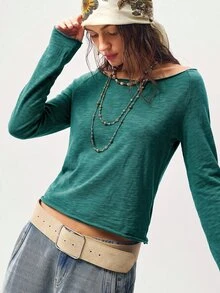 Bohemela 休閒純色針織船領長袖水洗女款T恤 - 綠色 - 查看 6