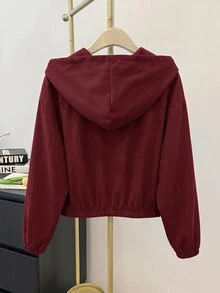 SHEIN 青少年女孩編織純色貼袋短版寬鬆休閒連帽外套，秋冬款，度假風 - 酒紅色 - 查看 2