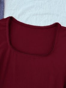 SHEIN Tween女孩長袖T恤，彈性領口修身剪裁，簡約百搭舒適款 - 酒紅色 - 查看 7
