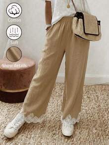 Holdful Holdful Celana Panjang Wanita Model Baru, Kasual, Modis, dengan Patchwork Renda dan Warna Kontras, Saku, dan Potongan Lurus - Khaki - View 1